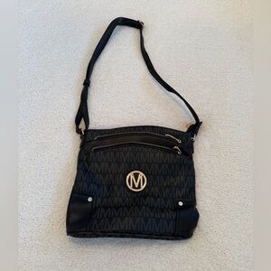 Marco M Black Monogram Crossbody Shoulder Bag Gold Logo Multiple Zip Pockets